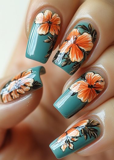 Teal floral nail art featuring vibrant orange flowers and glossy finish for elegant style.