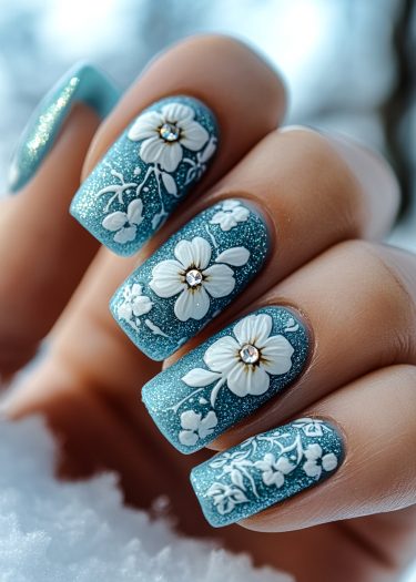 Teal floral nail art with rhinestones against a wintery backdrop showcases elegant design and sparkle.