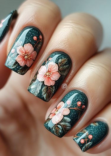 Elegant teal floral nail art featuring intricate pink flowers and green leaves.