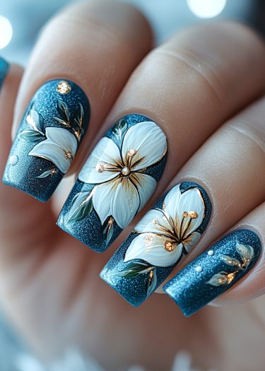 Metallic blue nail art featuring intricate white flowers and gold accents for a sophisticated look.