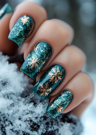 Elegant winter-themed nail art with deep green base and shimmering gold snowflakes.