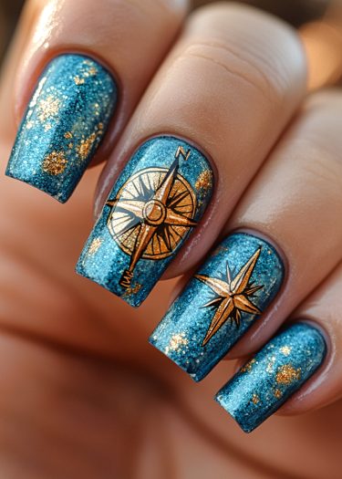 Elegant teal and gold glitter nail art with intricate compass designs for a stylish look.