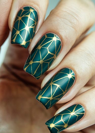 Elegant teal and gold geometric nail art featuring a matte finish and intricate designs.