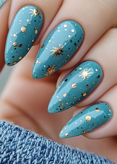 Vibrant teal almond nails adorned with gold and white celestial designs for a festive look.