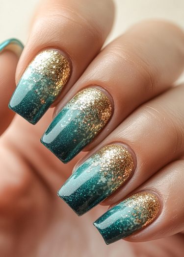 Elegant teal and gold ombre nails with glitter, showcasing modern nail art design.