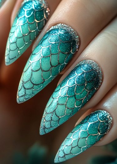 Stunning teal ombre nail art resembling shimmering mermaid scales with glittery accents.