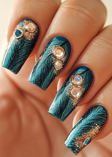 Intricate teal peacock nail art with sparkling gems and detailed feather designs.