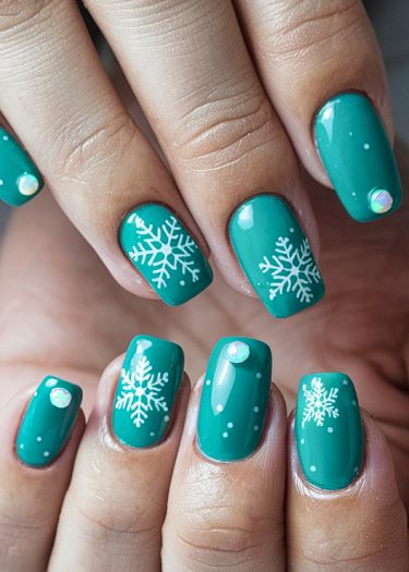 Festive teal snowflake manicure with rhinestones, perfect for the winter holiday season.