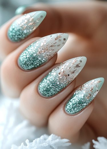 Elegant teal almond nails with glitter and gold foil accents in a stunning ombre design.