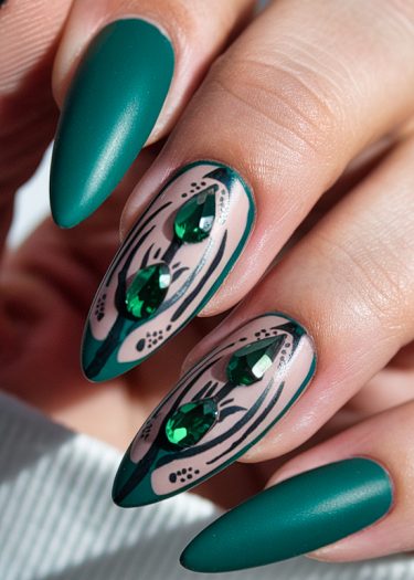 Elegant teal almond-shaped nails with intricate designs and sparkling green gems.