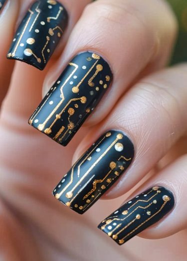 Elegant matte black nails with gold circuit board nail art design for tech-inspired fashion.