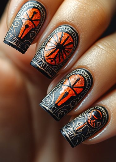 Intricate black and orange-red tribal nail art with geometric designs and glittery accents.