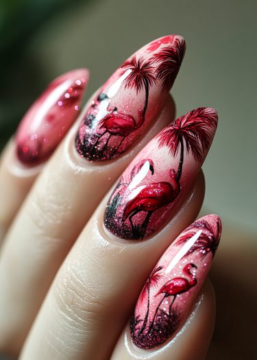 Vibrant tropical flamingo nail art with glitter, featuring palm trees and a stunning gradient.