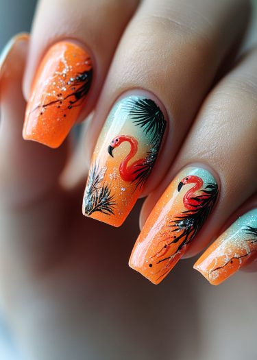 Vibrant tropical flamingo nail art featuring glitter, palm leaves, and a stunning gradient design.