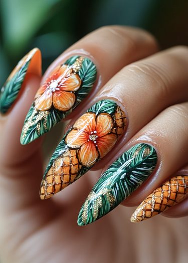 Vibrant tropical floral nail art featuring hibiscus flowers and pineapple textures for summer elegance.