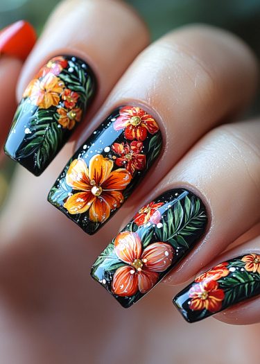 Tropical floral nail art features vibrant flowers on a glossy black background.