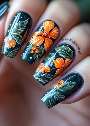 Vibrant tropical floral nail art featuring orange flowers on a dark background.