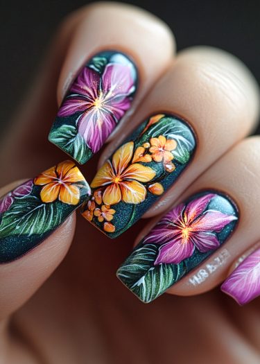 Vibrant tropical floral nail art featuring detailed flowers and leaves on glossy teal backdrop.