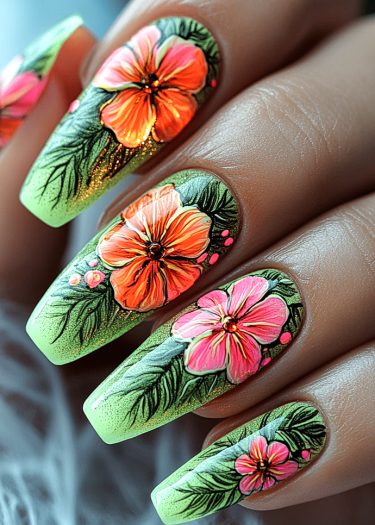 Vibrant tropical floral nail art with green base, orange-pink flowers, and lush green leaves.