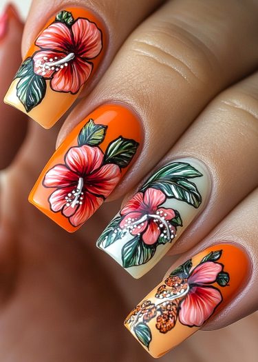 Tropical hibiscus nail art featuring vibrant flowers, lush leaves, and a warm gradient background.