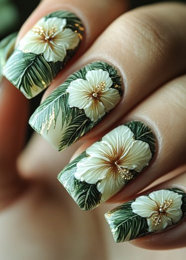 Tropical hibiscus nail art design with detailed flowers and palm leaves on a beige base.