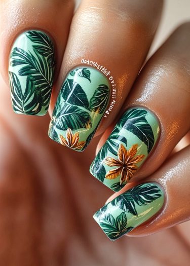 Tropical nail art featuring mint green nails adorned with vibrant leaves and flowers.