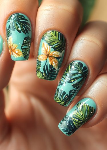 Tropical nail art with teal base, palm leaves, and yellow flowers for a vibrant look.