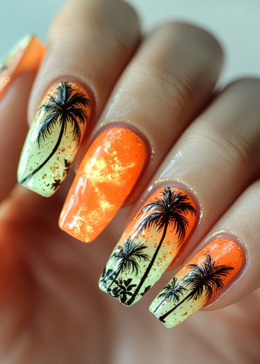 Tropical palm nail art featuring sunset gradients and glitter, perfect for summer vibes.