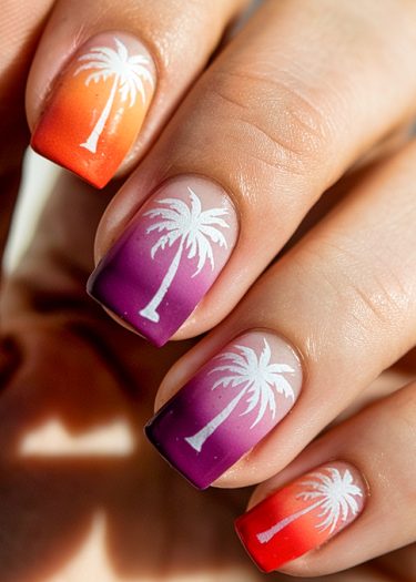 Vibrant tropical palm tree nail art with stunning orange and purple gradient designs.