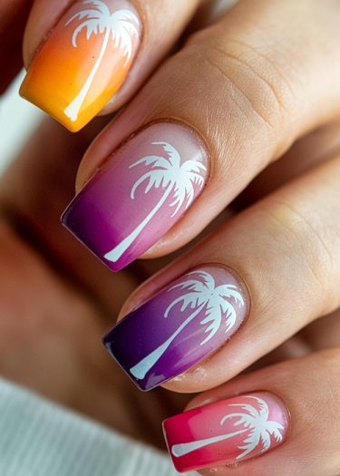 Vibrant tropical palm tree nail art with sunset gradient designs for a beach-inspired look.