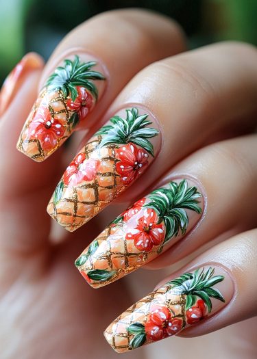 Tropical pineapple and hibiscus nail art design with vibrant colors and intricate details.