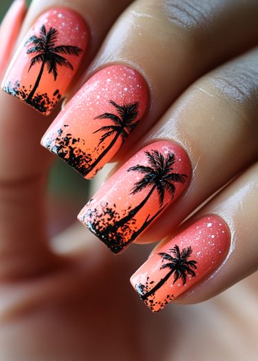 Beautiful tropical sunset nail art featuring palm tree silhouettes and vibrant ombre colors.