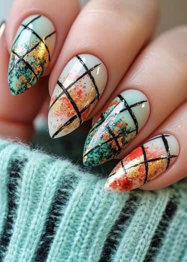 Elegant turquoise almond nails with gold accents and intricate plaid designs for a trendy look.