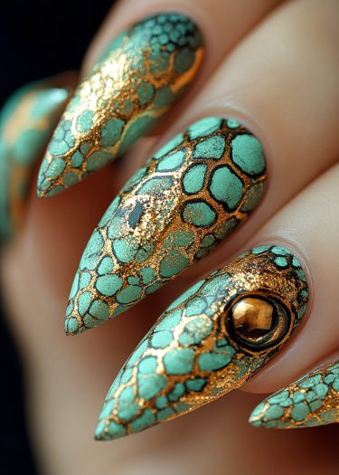 Intricate turquoise and gold stiletto nails with reptilian scales and a gem accent.