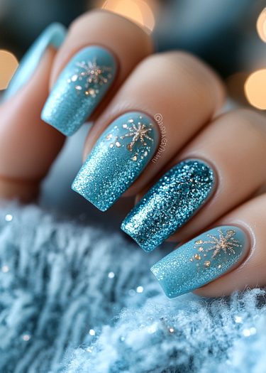 Elegant turquoise snowflake nails with glitter, perfect for winter nail art inspiration.