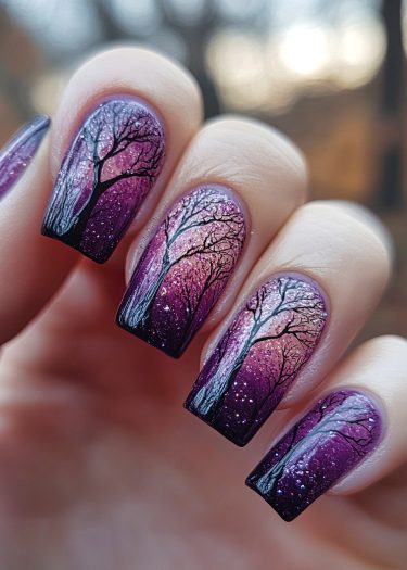 Twilight forest nail art features gradient colors, black tree silhouettes, and sparkling glitter for elegance.