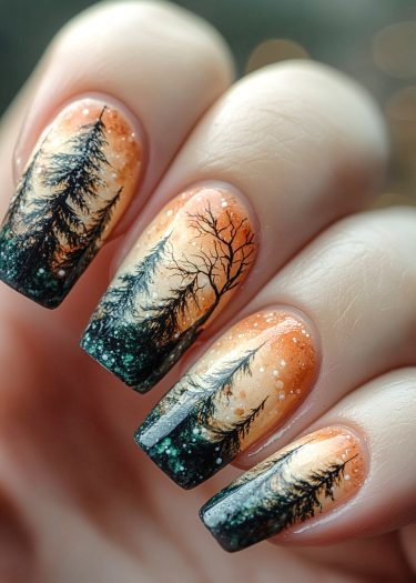 Twilight forest nail art features intricate designs of trees against a sunset gradient.