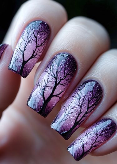 Elegant twilight tree nail art featuring a violet gradient and intricate black silhouettes.