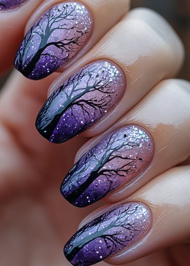 Sophisticated twilight tree nail art featuring purple gradients and glittering starry accents.