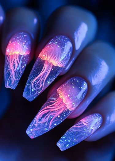 Stunning underwater jellyfish nail art with vibrant colors and intricate details on stiletto nails.