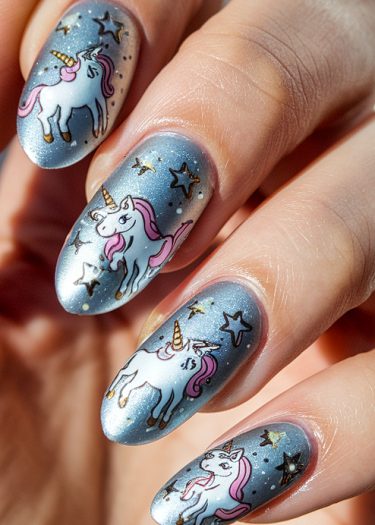 Whimsical unicorn nail art with shimmering silvery-blue polish and star patterns for a magical look.