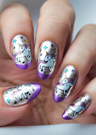 Playful unicorn nail art with metallic silver and vibrant colors for a whimsical look.