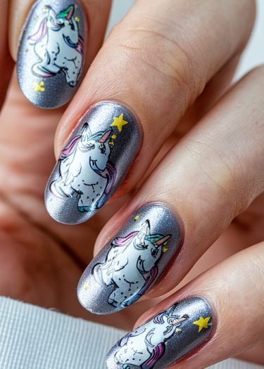 Stunning unicorn nail art with silver shimmer and whimsical pastel designs for a magical look.