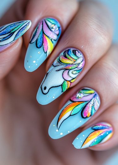 Whimsical unicorn nail art features pastel blue, vibrant mane, and sparkling embellishments.