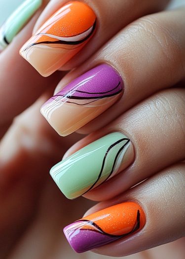 Vibrant abstract nail art featuring colorful designs in orange, purple, green, and beige tones.