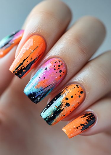 Vibrant abstract nail art featuring colorful splatter designs and elegant square-shaped nails.