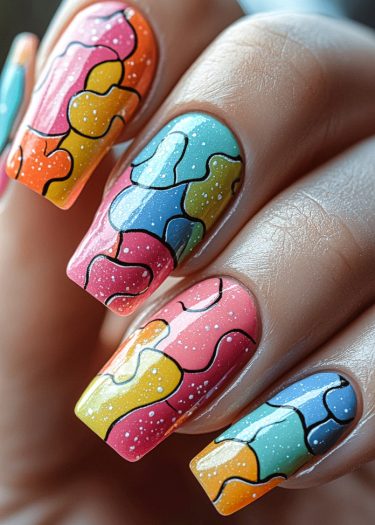 Vivid abstract nail art featuring colorful mosaic designs and glossy finishes for artistic manicures.