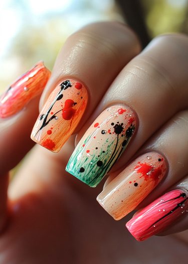 Colorful abstract nail art showcasing vibrant designs with glitter, perfect for bold manicures.