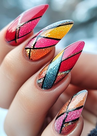 Stunning stiletto nail art featuring vibrant geometric patterns and glitter for a bold look.