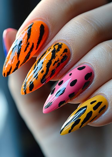 Vibrant stiletto nails with bold animal prints in orange, pink, and yellow designs.